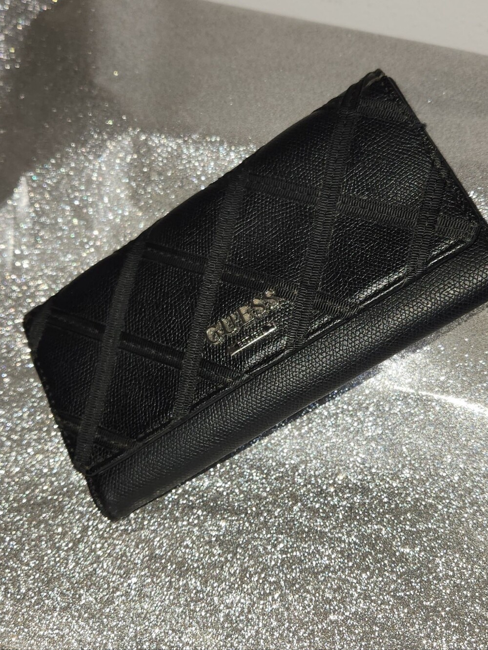 GUESS Black Quilted Logo Wallet with Metal Accent